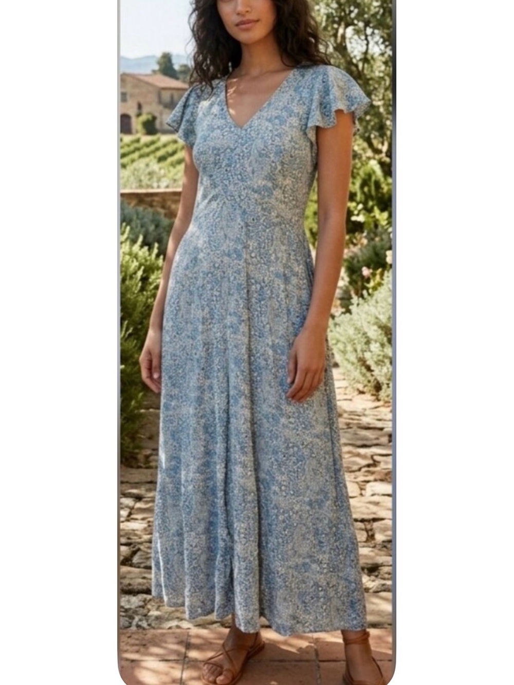 Frye & Co Blue and Cream Paisley V-Neck Maxi Dress Women's L NWT